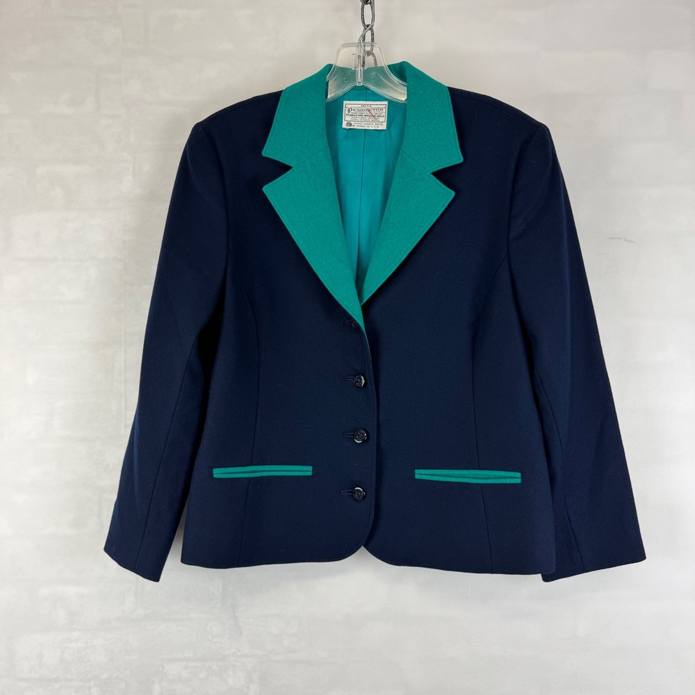 Pendleton Navy Wool Blazer Jacket Green Contrast Trim Size 6‎ Vintage USA